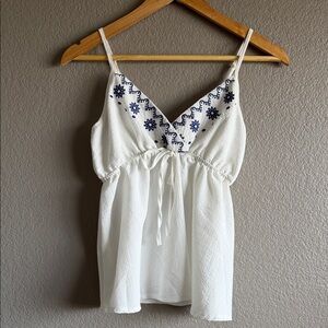 SHEIN White Spaghetti Strap V-Neck Tank with Navy Floral Embroidery